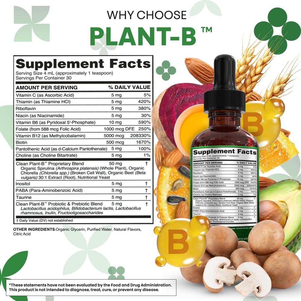 Clean Nutraceuticals Vitamin B Complex probiotic drops emphasize gut-friendly nutrition.
