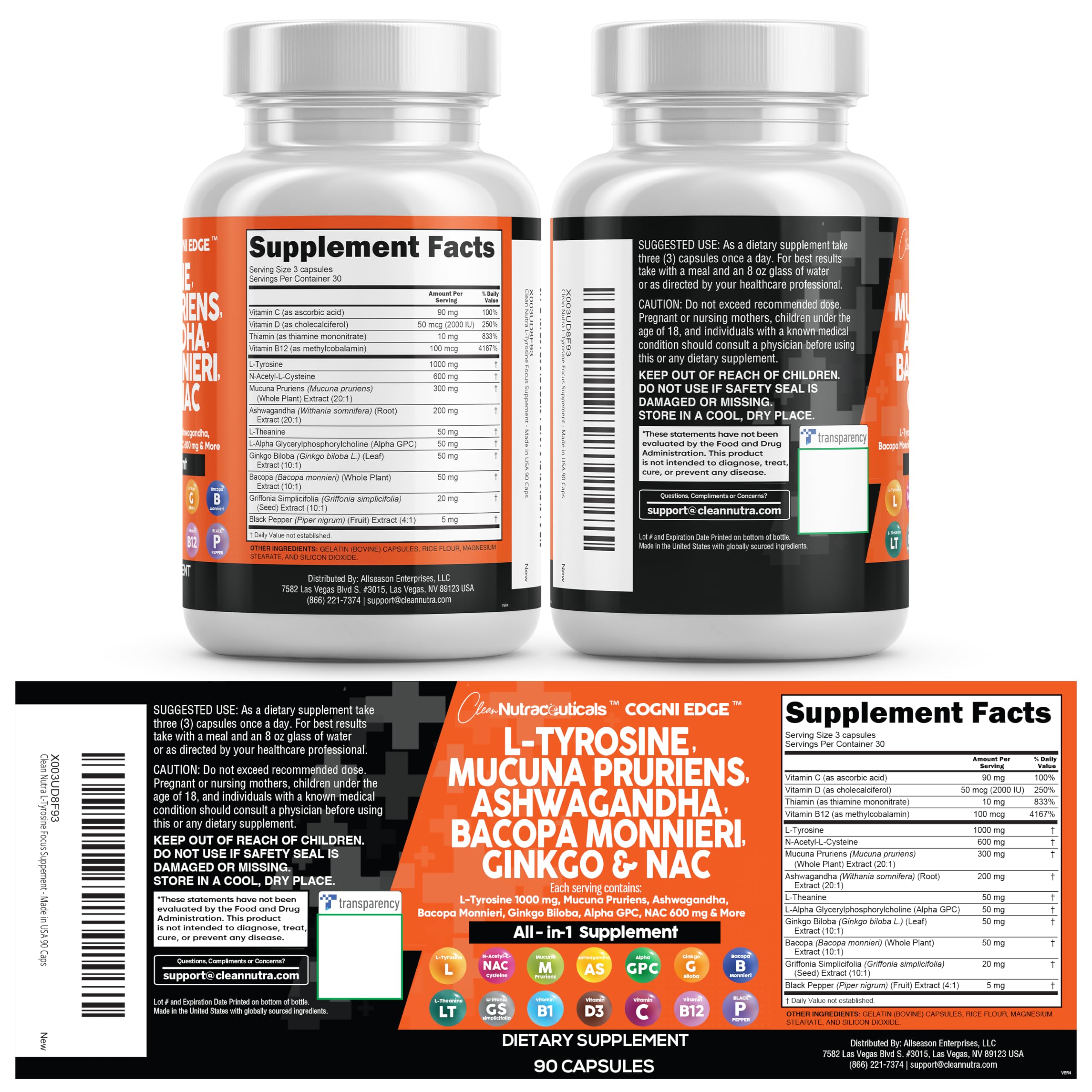 Clean Nutraceuticals Vitamin C B1 B12 pills for daily energy and essential nutrient support.