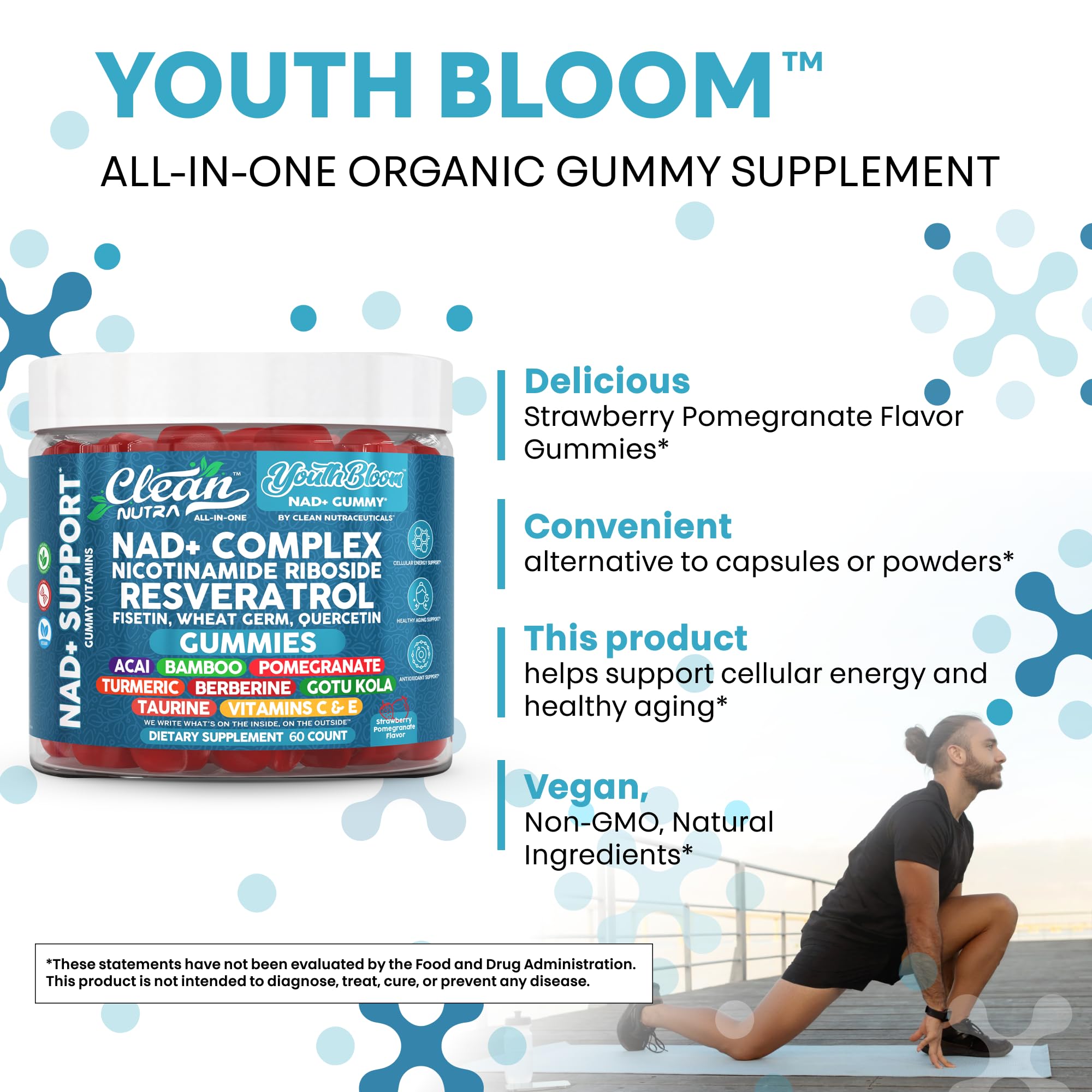 Youth Bloom bottle label shows 60 count and key ingredients