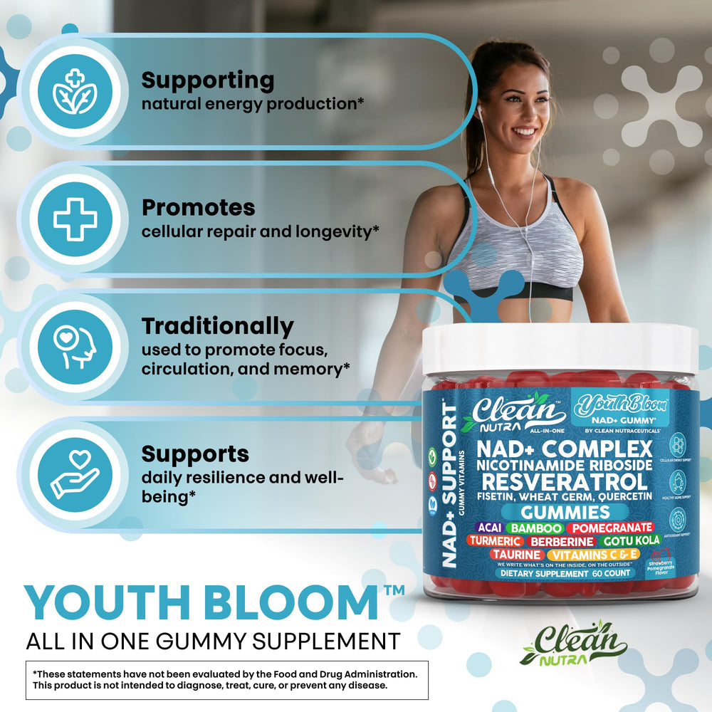 Strawberry-pomegranate flavor close-up with vibrant Youth Bloom gummies