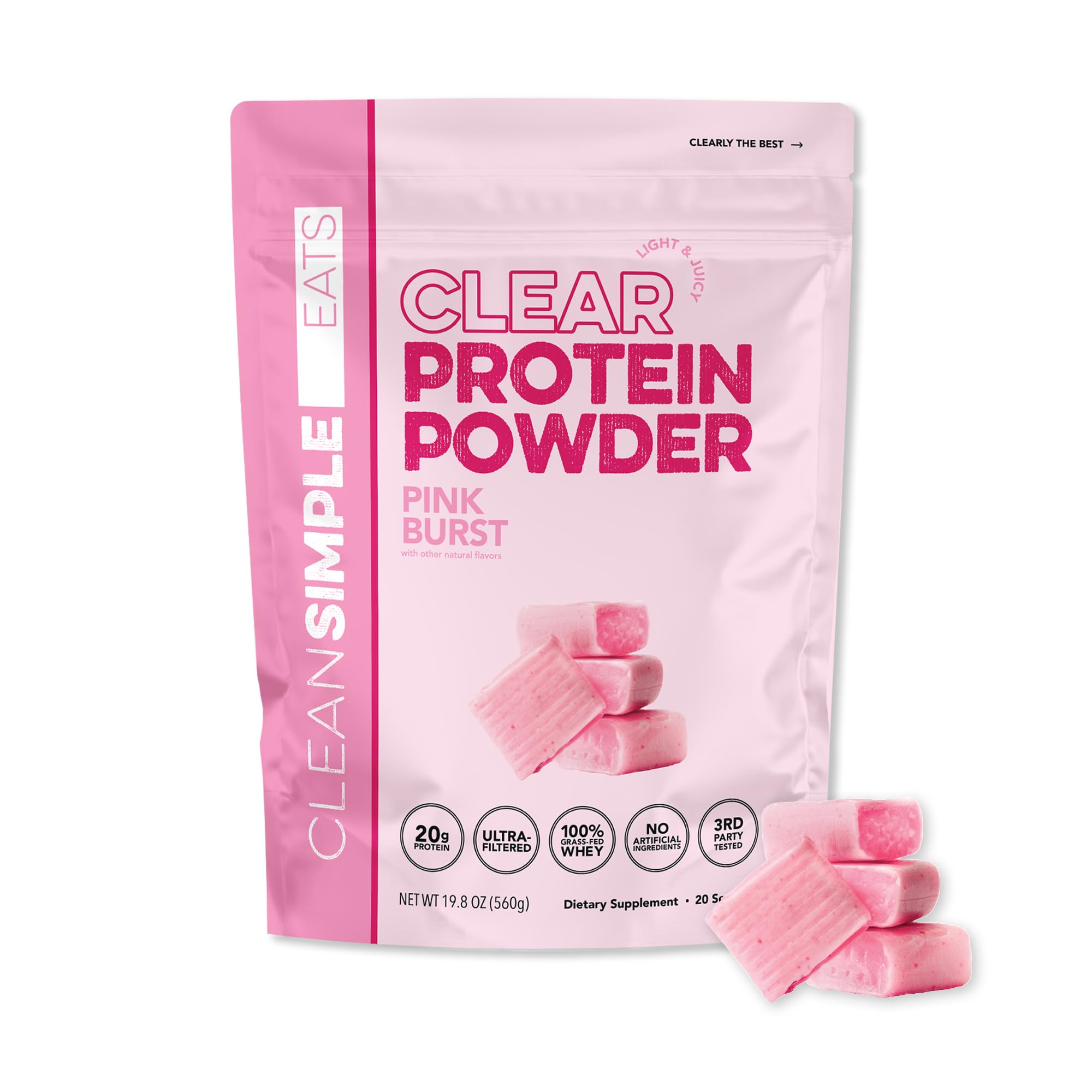 Clean Simple Eats Pink Burst Clear Protein Drink bottle, refreshing 20g protein