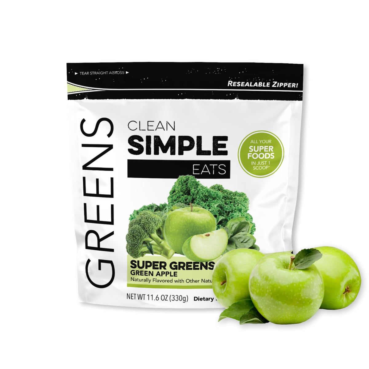 Clean Simple Eats Super Greens bottle pour highlights easy daily greens for balanced nutrition.