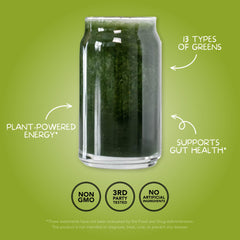 Clean Simple Eats Super Greens ingredients-panel highlights plant-powered greens blend features.
