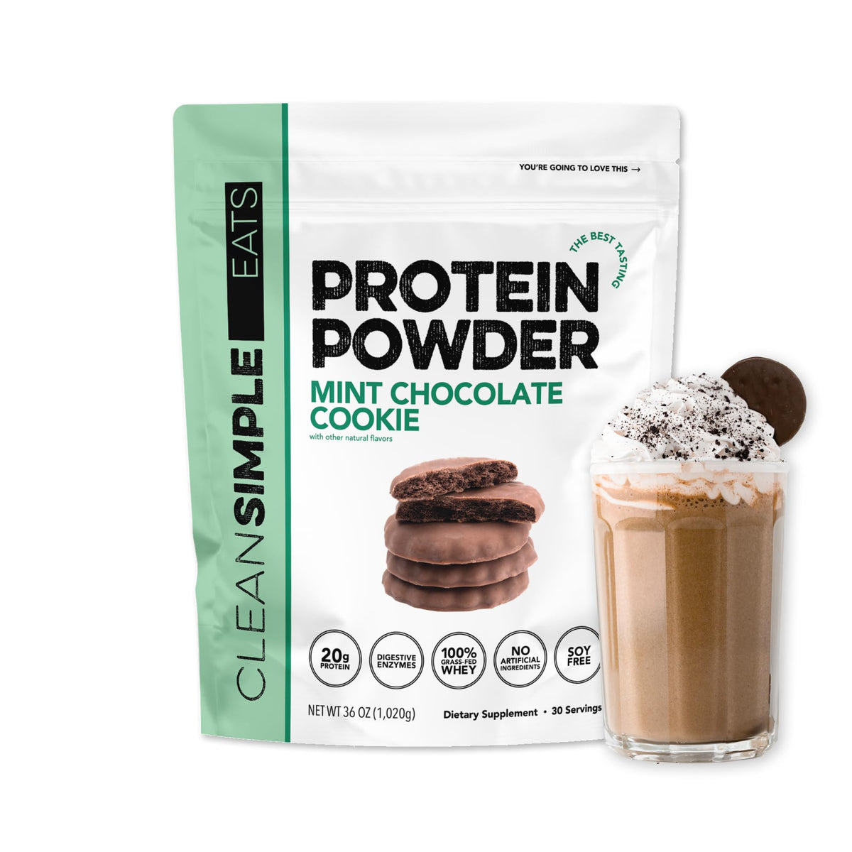 Clean Simple Eats Mint Chocolate Cookie whey protein tub with gluten-free label for shakes