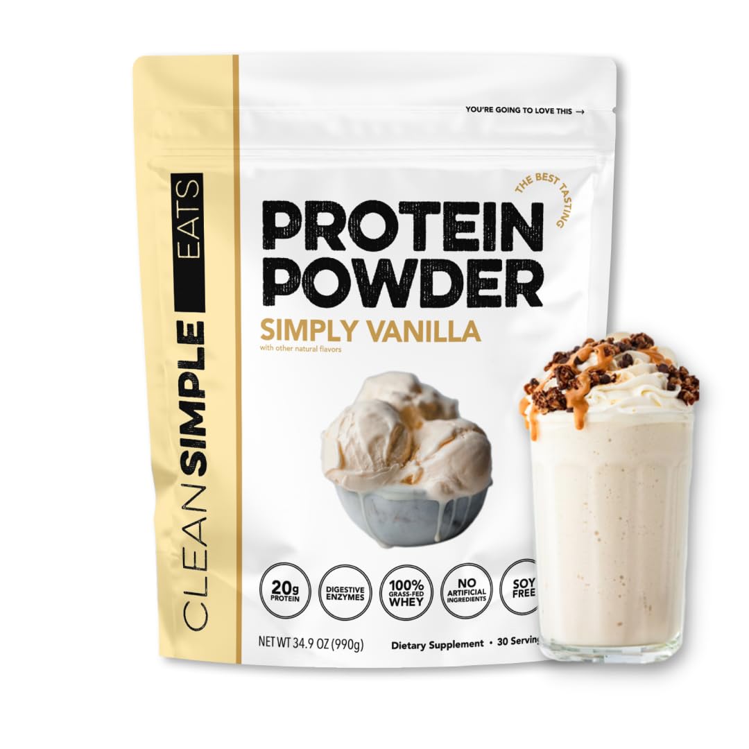 Clean Simple Eats Simply Vanilla whey protein powder tub with creamy vanilla flavor.