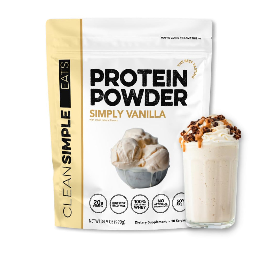 Clean Simple Eats Simply Vanilla whey protein powder tub with creamy vanilla flavor.