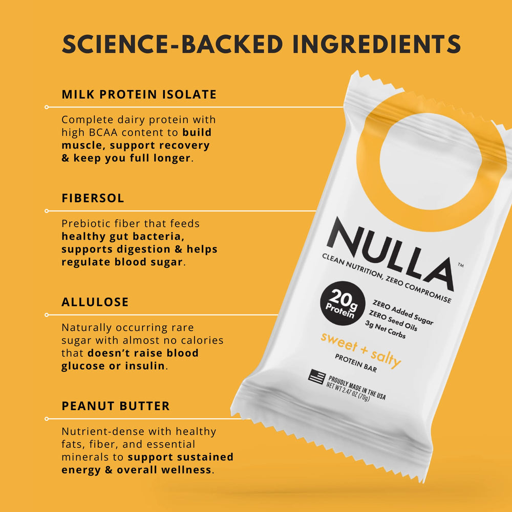 CleanForm Nulla Bar ingredient highlight emphasizes monk fruit sweetness.