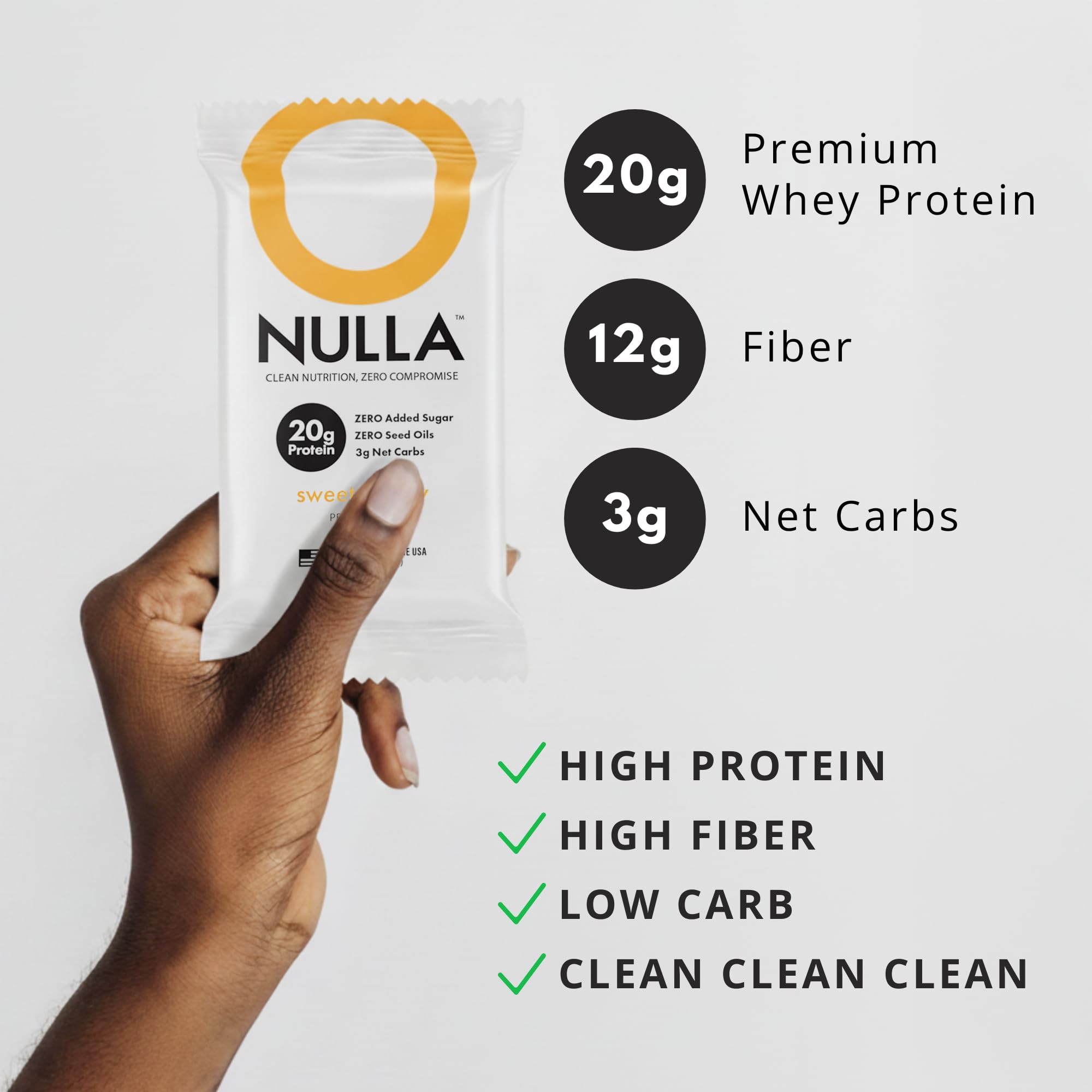 CleanForm Nulla Bar nutrition label displays 20g protein and 12g fiber.
