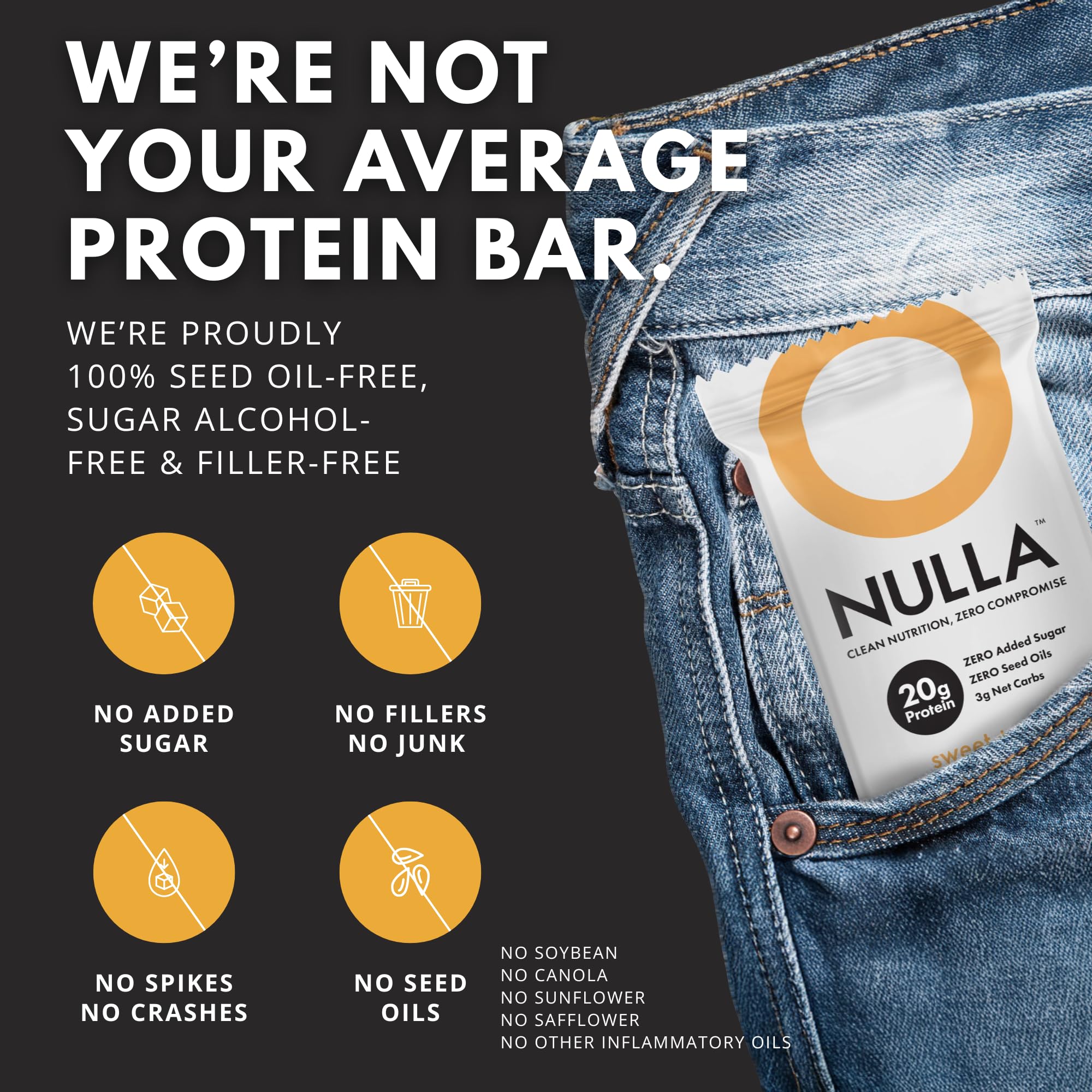 CleanForm Nulla Bar texture close-up shows chewy bite and no seed oils.