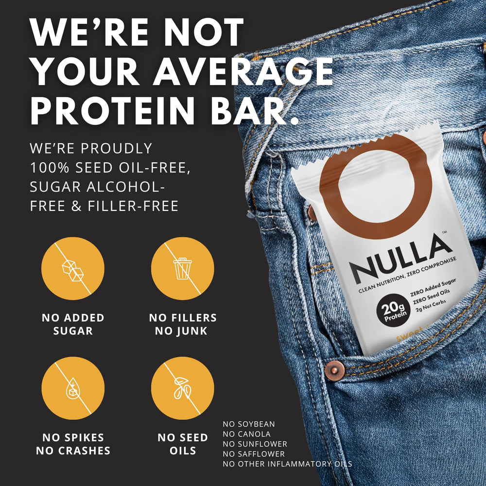 CleanForm Nulla Bar contains no seed oils for a cleaner fat profile.