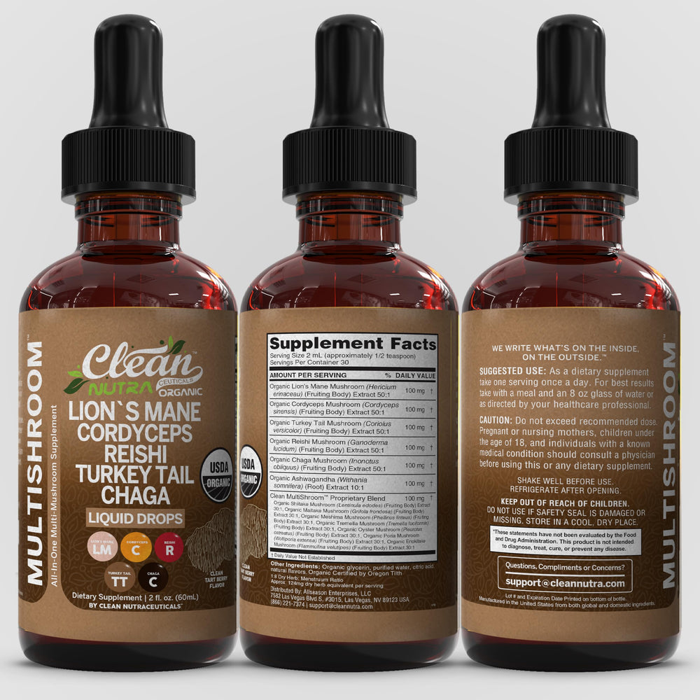 Clean Nutraceuticals Amber tincture indicates potent mushroom extract aroma.