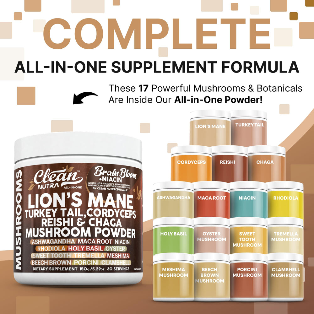 Clean Nutraceuticals Brain Bloom blend scoop for quick concentration rituals.