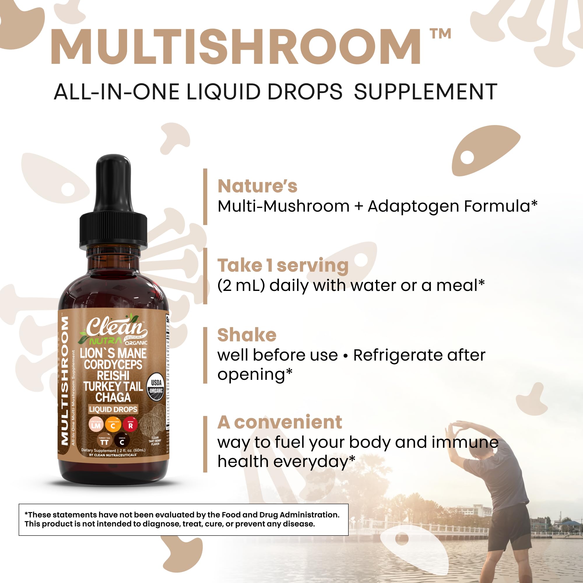 Clean Nutraceuticals Mushroom complex drops label highlights premium ingredients.