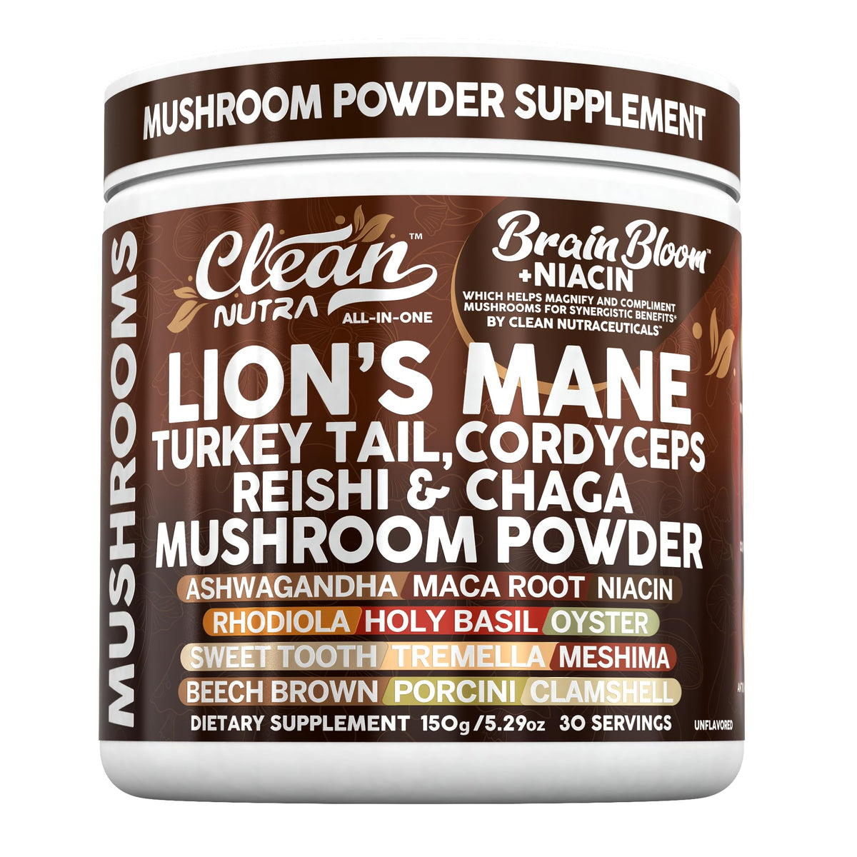 Clean Nutraceuticals mushroom powder jar ready to stir into drinks for focus.