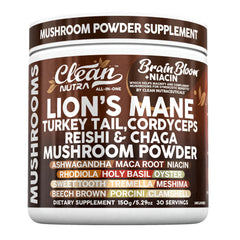 Clean Nutraceuticals mushroom powder jar ready to stir into drinks for focus.