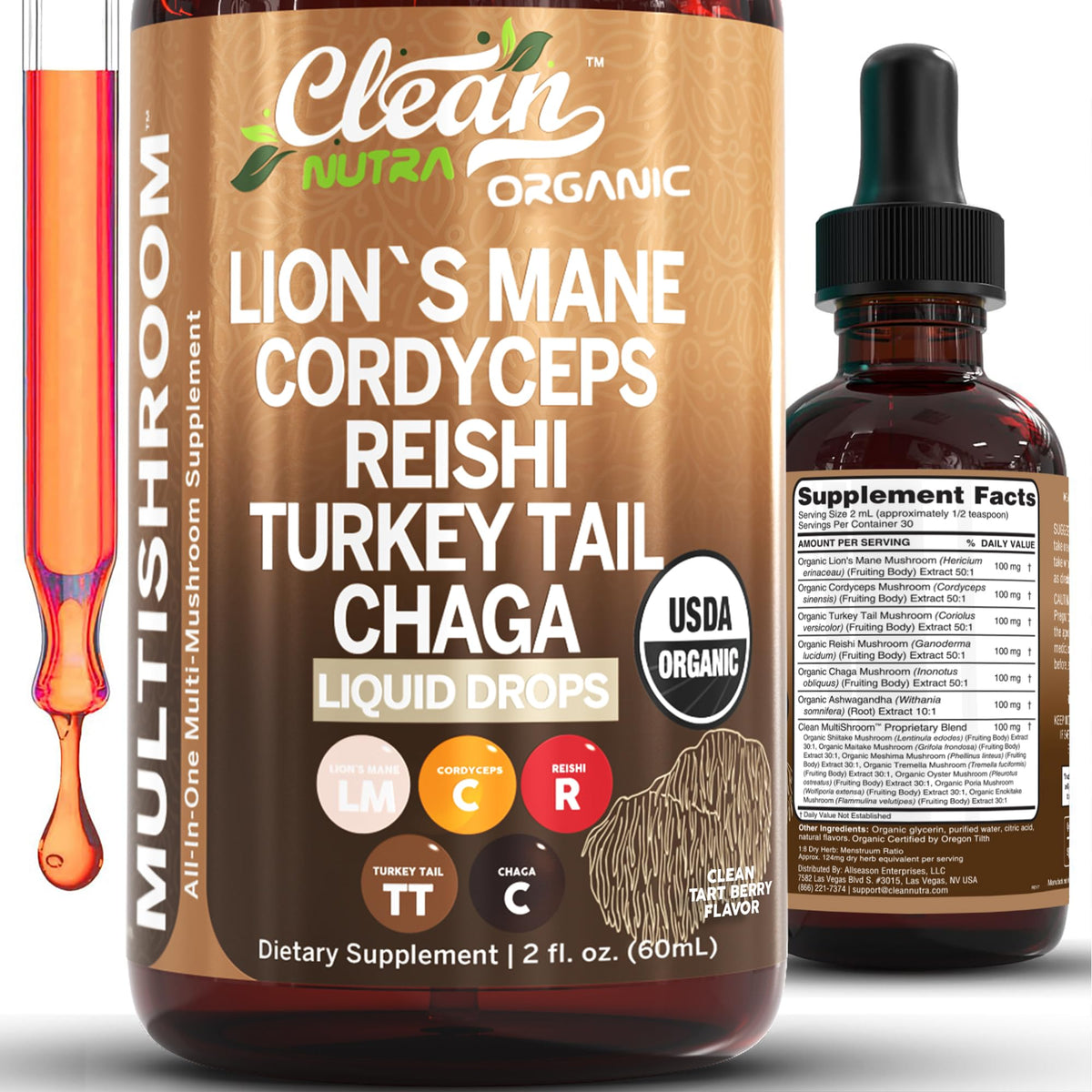 Clean Nutraceuticals Lions Mane drops bottle for convenient daily immune support.
