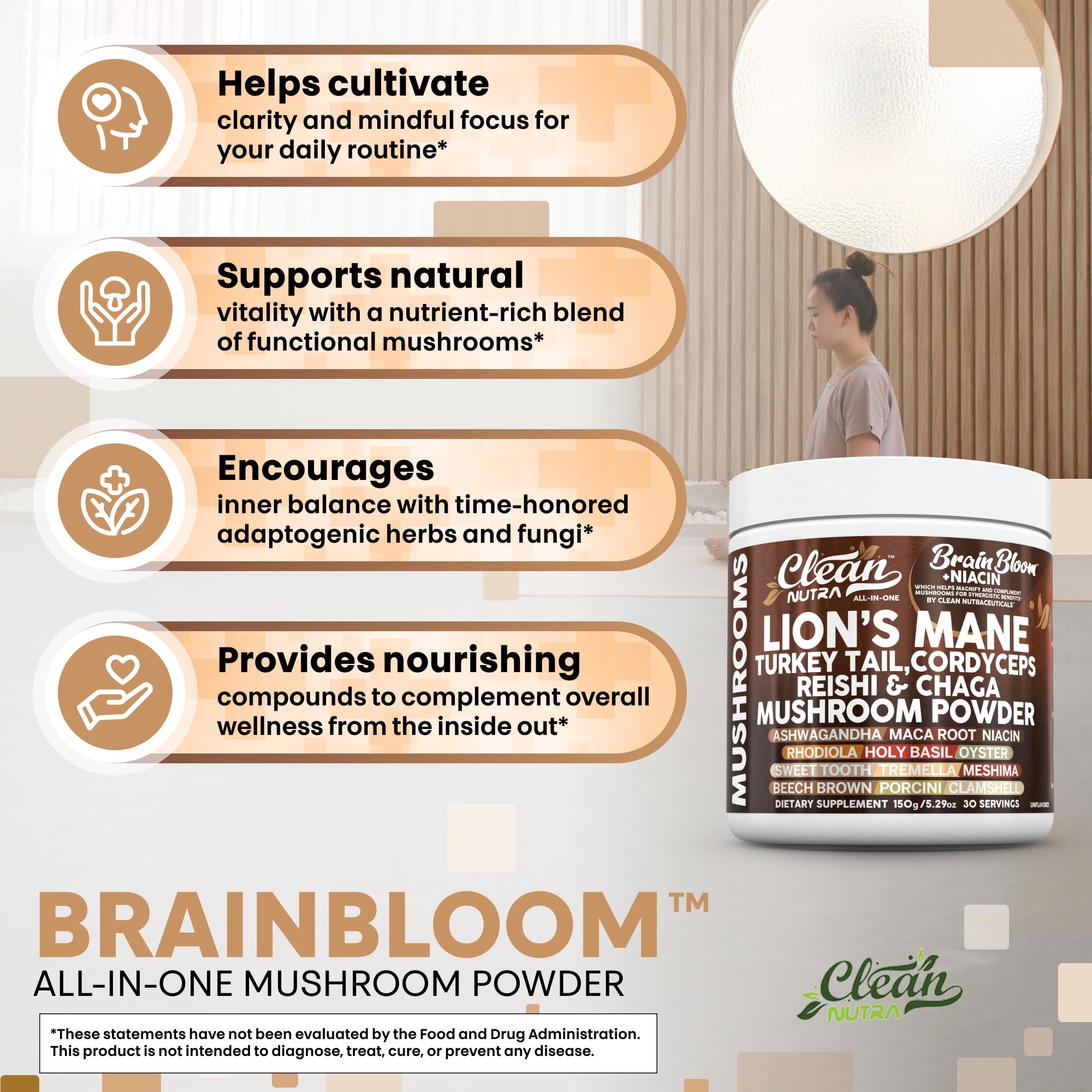 Clean Nutraceuticals reishi chaga powder bottle for daily adrenal balance.