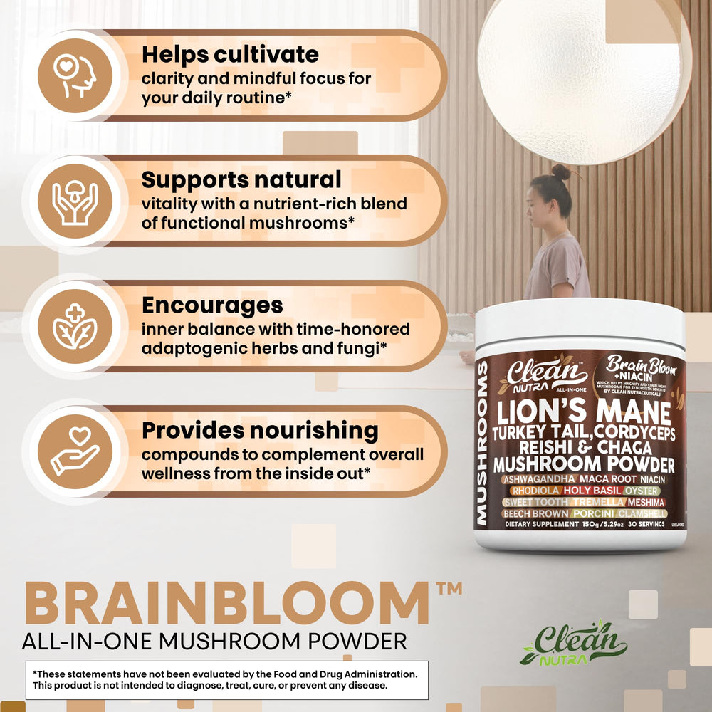 Clean Nutraceuticals reishi chaga powder bottle for daily adrenal balance.