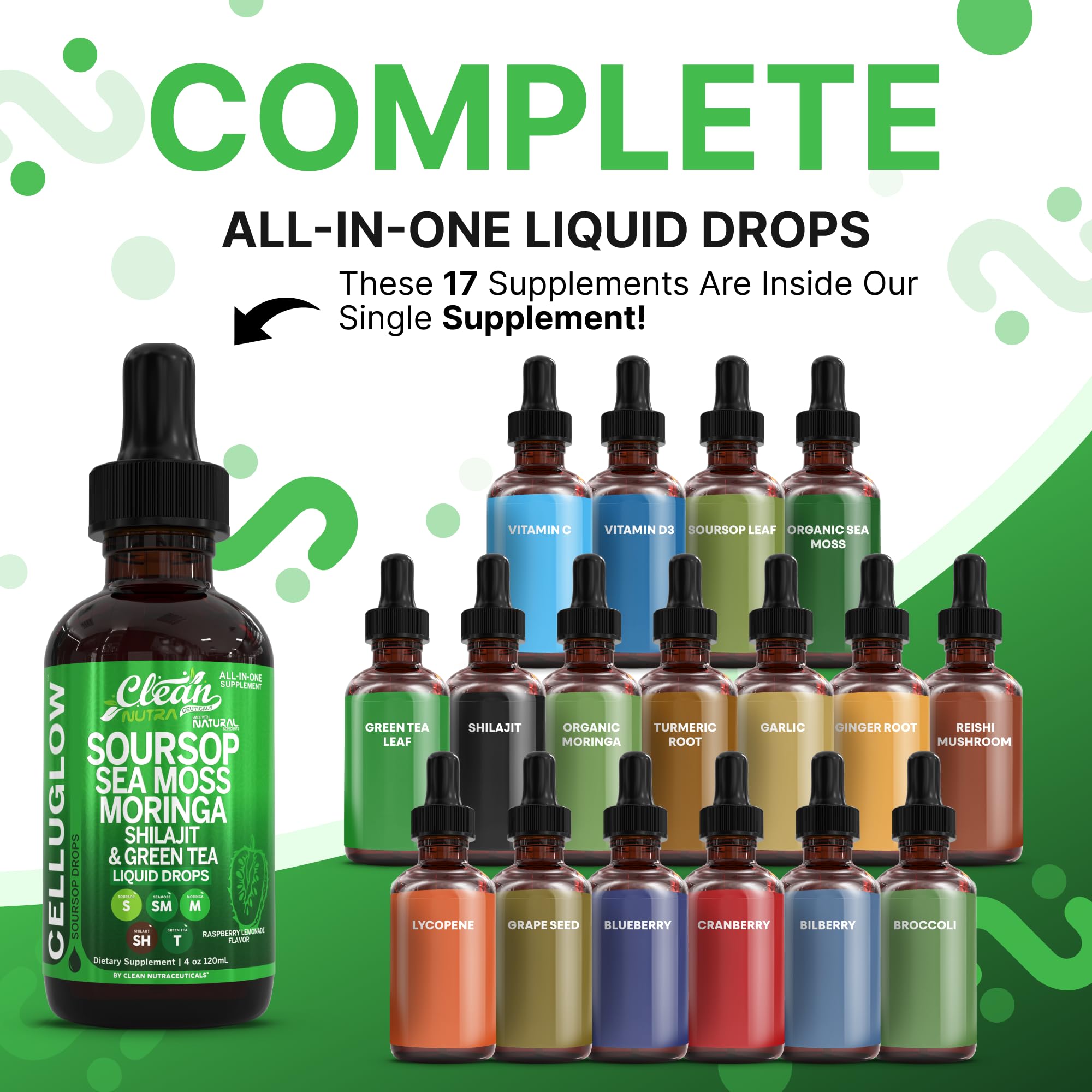 Clean Nutra Sea Moss Drops jar highlighting nutrient-dense greens for overall vitality