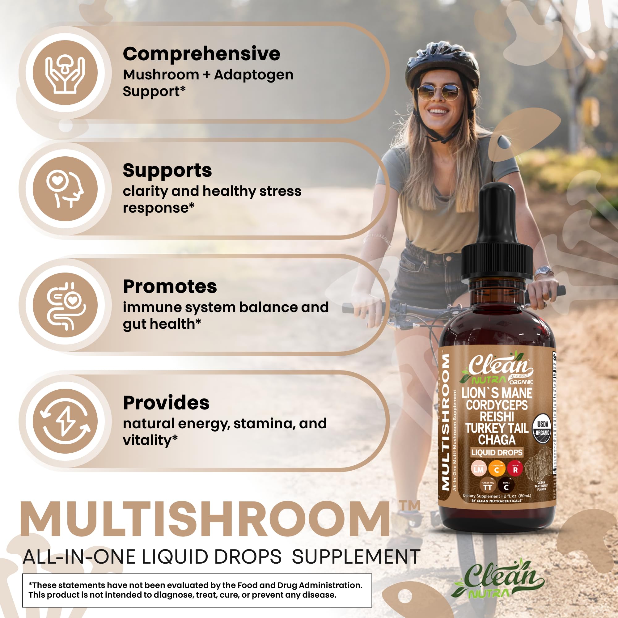 Clean Nutraceuticals Oyster mushroom blend drops bottle for immune and gut health.