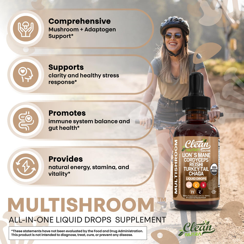 Clean Nutraceuticals Oyster mushroom blend drops bottle for immune and gut health.