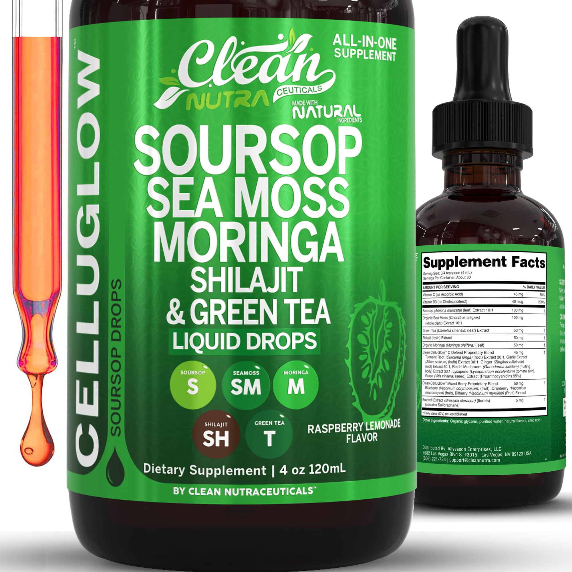Clean Nutra Soursop Liquid Drops bottle in raspberry lemonade flavor for daily immune support