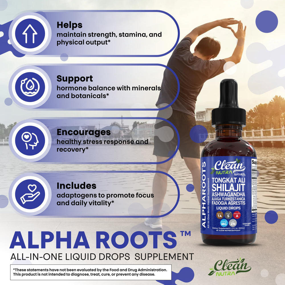 Clean Nutra Tongkat Ali Liquid Drops ingredients bundle with herbs and minerals.