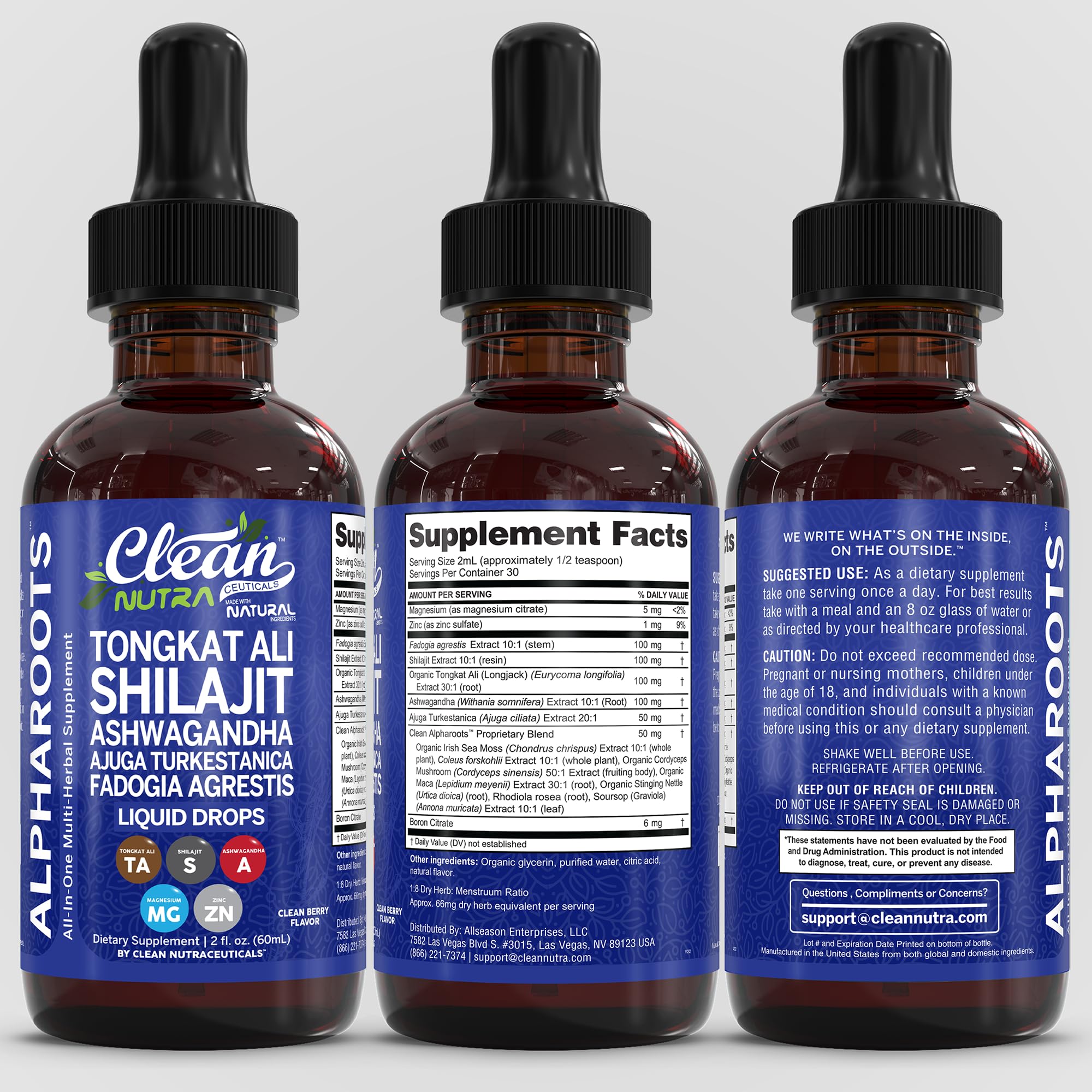 Clean Nutra Tongkat Ali Liquid Drops macro Irish sea moss visual for minerals.