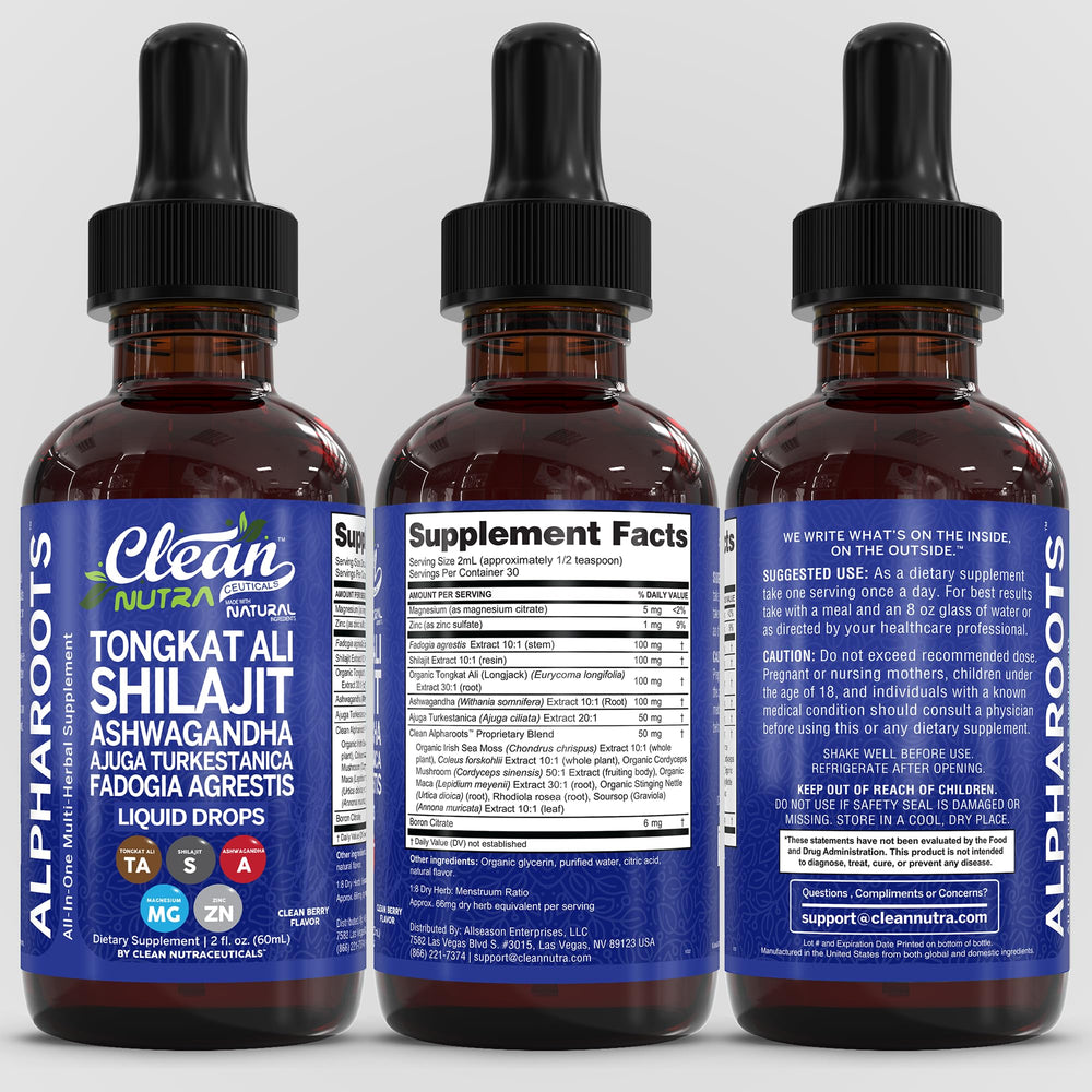 Clean Nutra Tongkat Ali Liquid Drops macro Irish sea moss visual for minerals.
