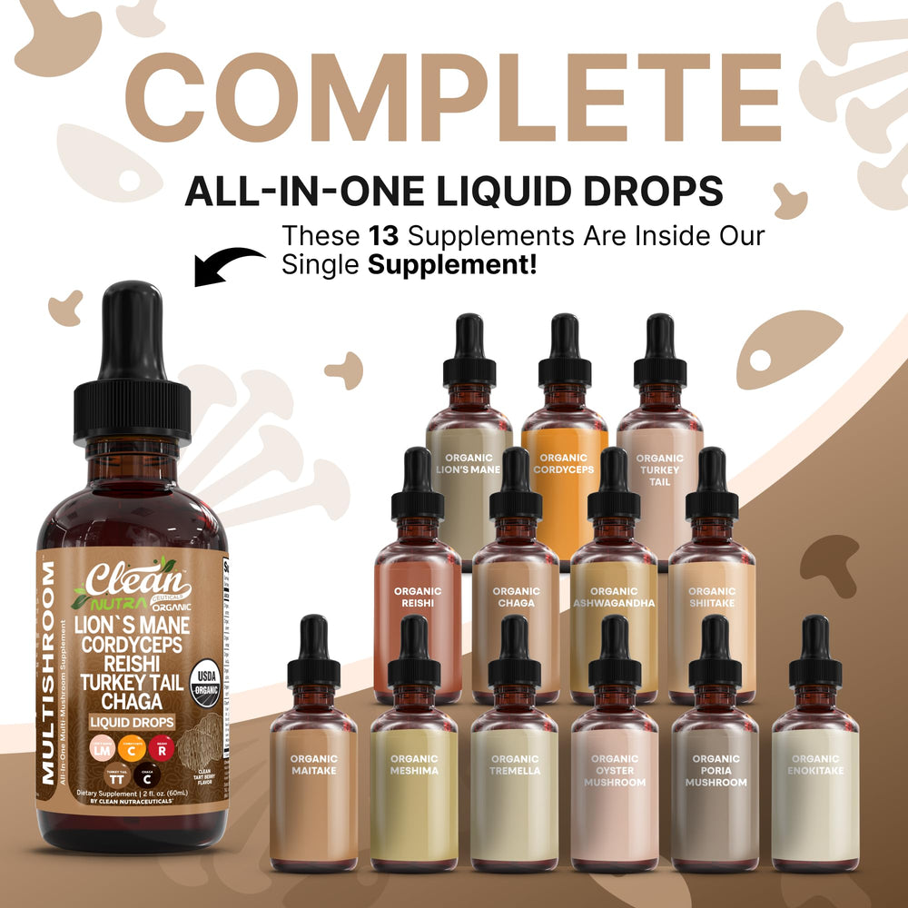 Clean Nutraceuticals turkey tail and cordyceps drops bottle for holistic wellness.