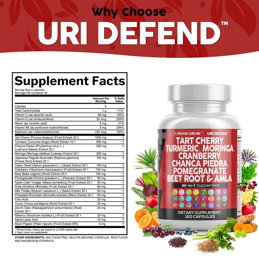 Clean Nutraceuticals capsules featuring chanca piedra and celery extract for potential urinary health support.