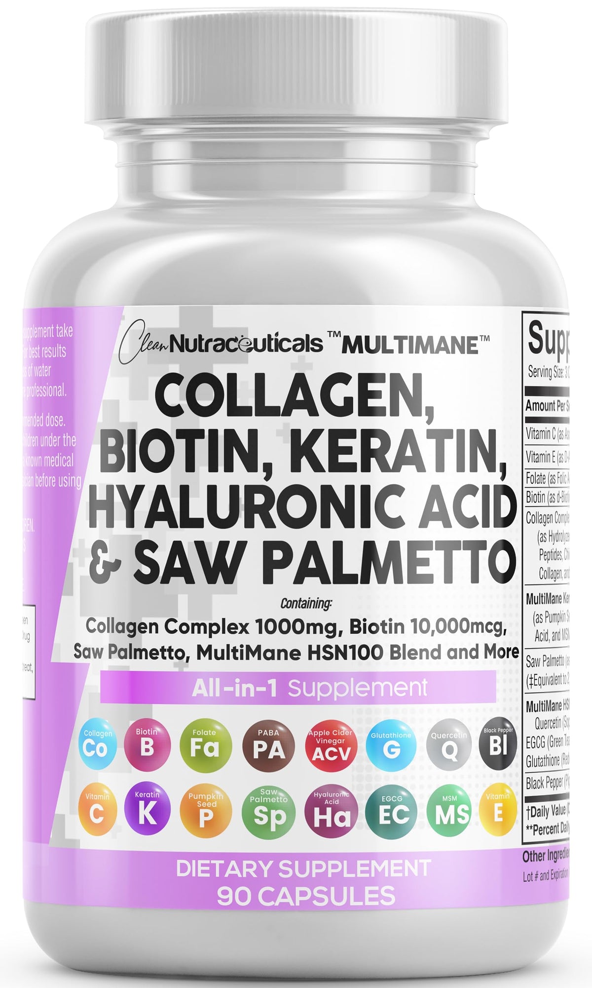 Clean Nutraceuticals collagen pills bottle offering a 16-in-1 hair, skin, nails blend.