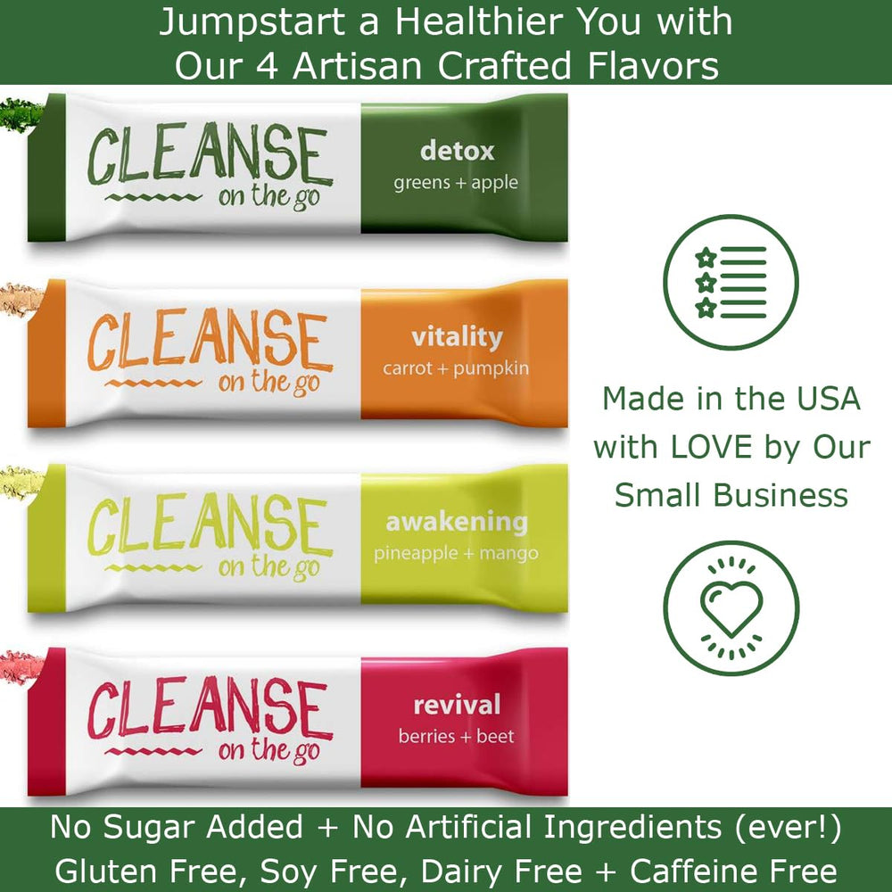 Cleanse on the go carrot-pumpkin packet shows a vibrant, ready-to-use juice blend.