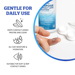 Clear Conscience bottle pour action demonstrating multipurpose lens cleaning.