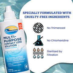 Clear Conscience solution removes deposits and protein from lenses.