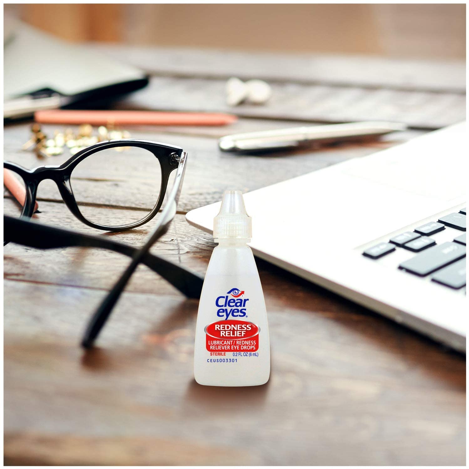 Clear Eyes on a desk after long screen time for comfort