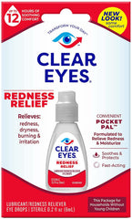 Clear Eyes 12hr relief eye drops bottle closeup for on-the-go use