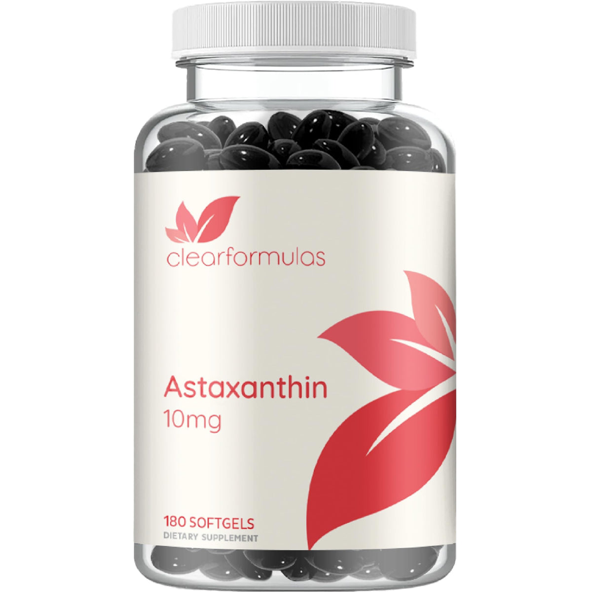 Clear Formulas algae-based astaxanthin bottle showing six-month supply for daily antioxidant support.