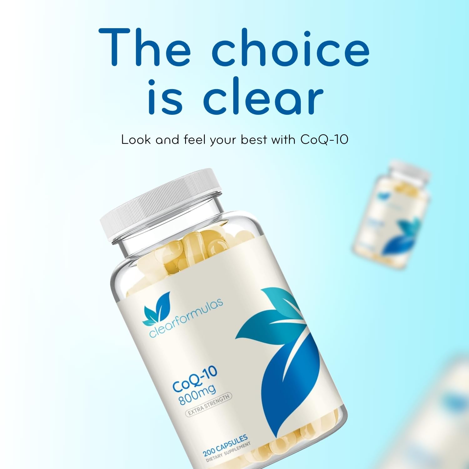 Clear Formulas CoQ10 bottle label highlights 100 servings for planning