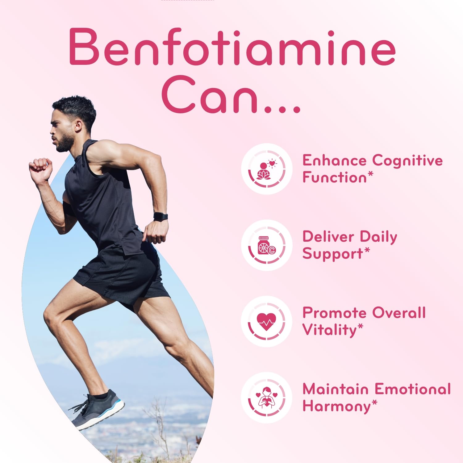 Heart-friendly branding beside Clear Formulas benfotiamine bottle indicating potential heart support.