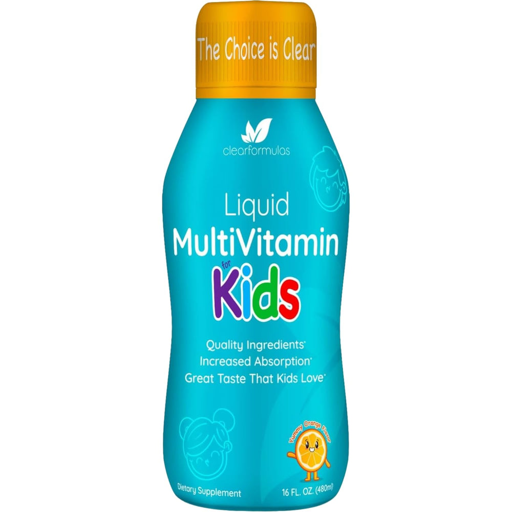 Clear Formulas kids liquid multivitamin bottle in orange flavor for daily nutrition.