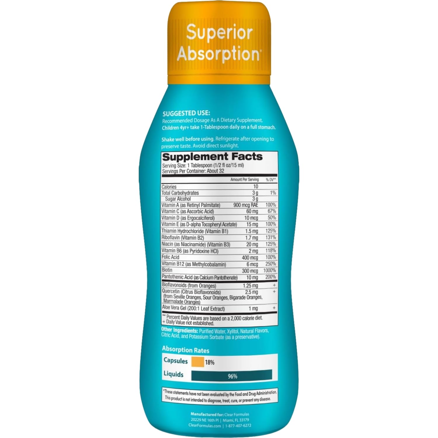 Pour-ready Clear Formulas kids multivitamin bottle for simple daily use.