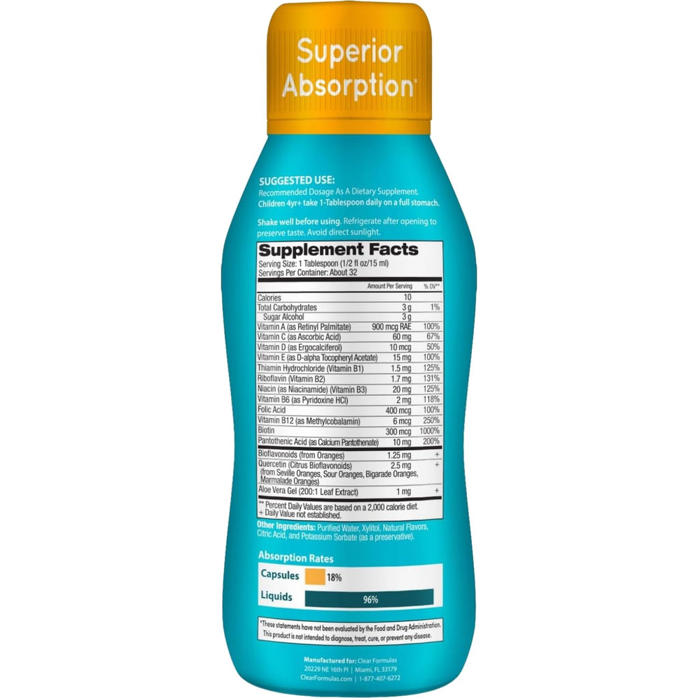 Pour-ready Clear Formulas kids multivitamin bottle for simple daily use.
