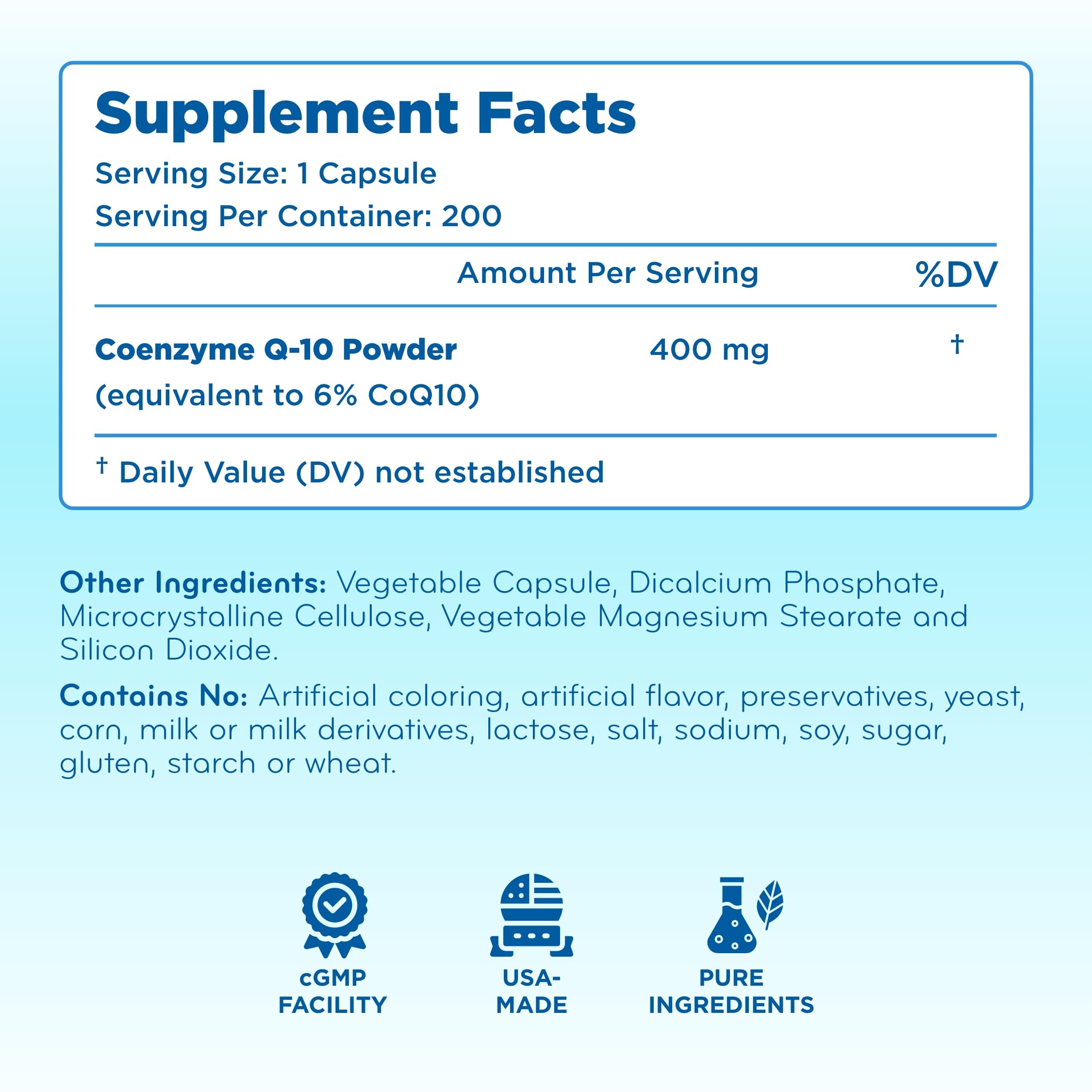 Clear Formulas Quick Absorption CoQ10 400mg bottle back label view highlighting allergen-free formula