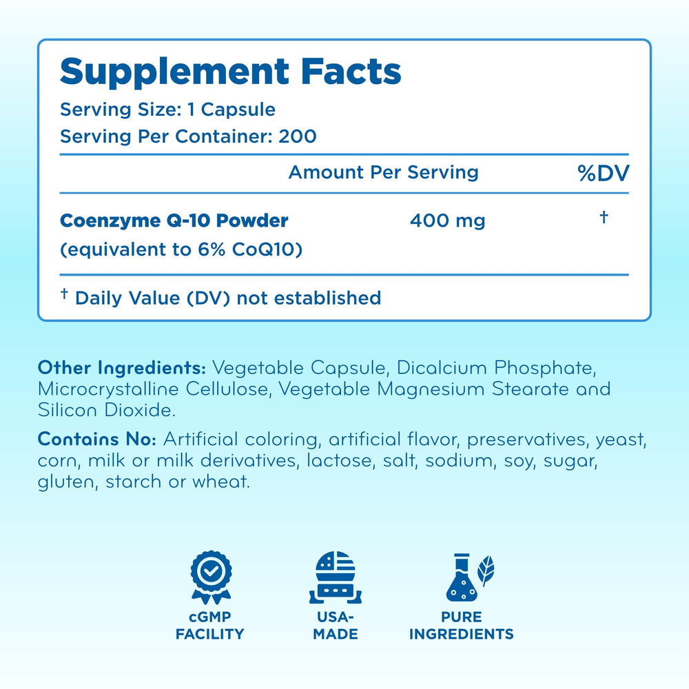 Clear Formulas Quick Absorption CoQ10 400mg bottle back label view highlighting allergen-free formula