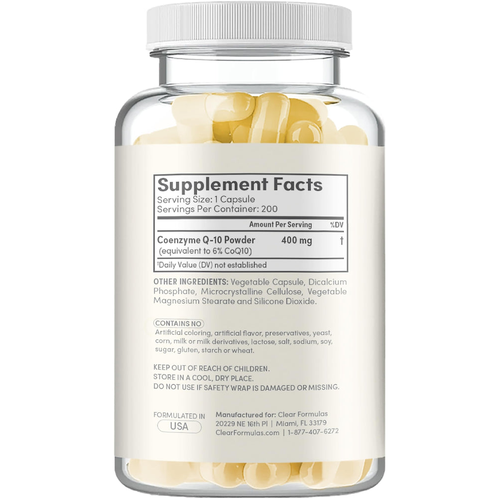 Clear Formulas Quick Absorption CoQ10 400mg bottle label detail highlighting stability