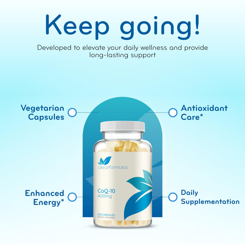 Clear Formulas Quick Absorption CoQ10 400mg capsules in hand for on-the-go use