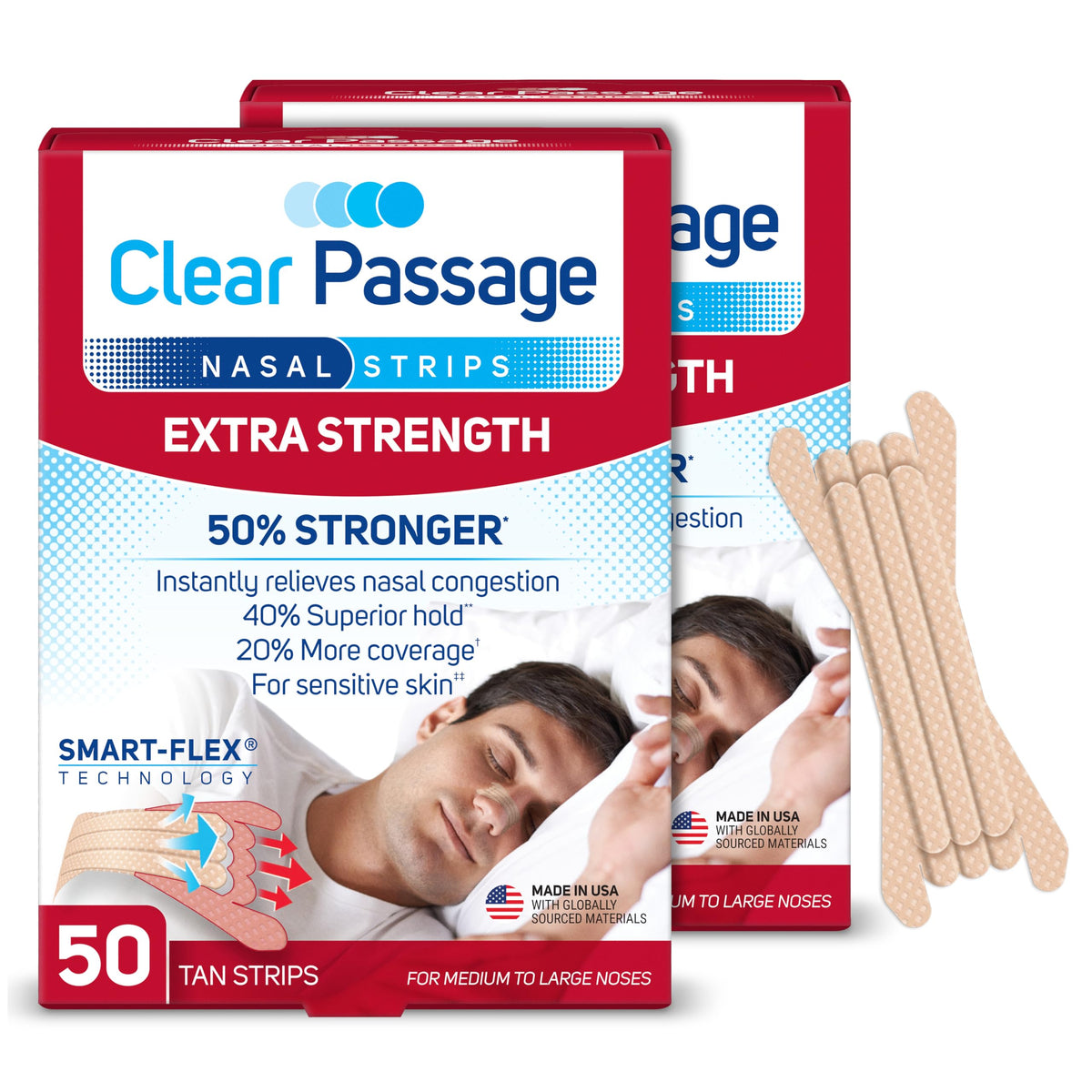 Clear Passage nasal strip extra strength tan packaging shows reliable nighttime relief