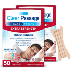 Clear Passage nasal strip extra strength tan packaging shows reliable nighttime relief