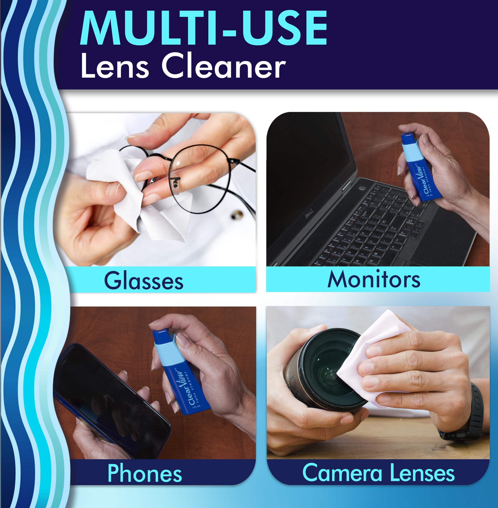 Clear View cleaning solution—effective smudges removal for screens and optics.